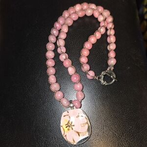 Silvertone Rhodonite Bead Necklace with Broken Pottery Pendant